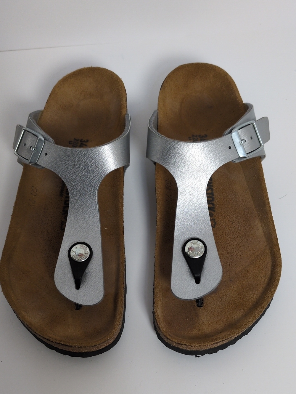 Birkenstock Gizeh Kids Size 34 Silver Metallic Cork Sandals US 3-3.5